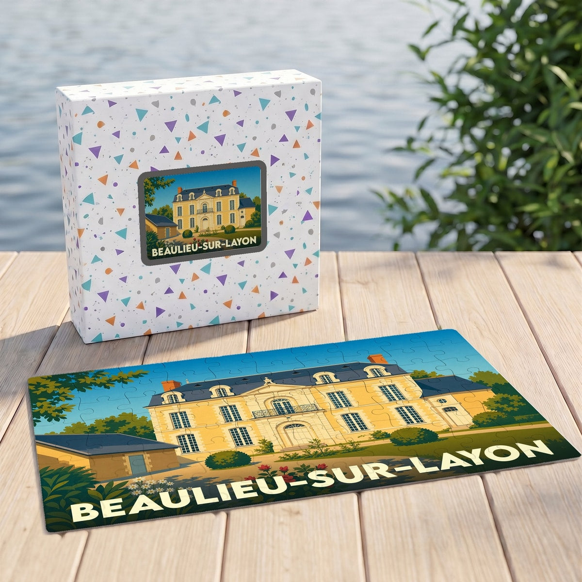 Puzzle souvenir de la ville de Beaulieu-sur-Layon avec une illustration stylisée d'un château.