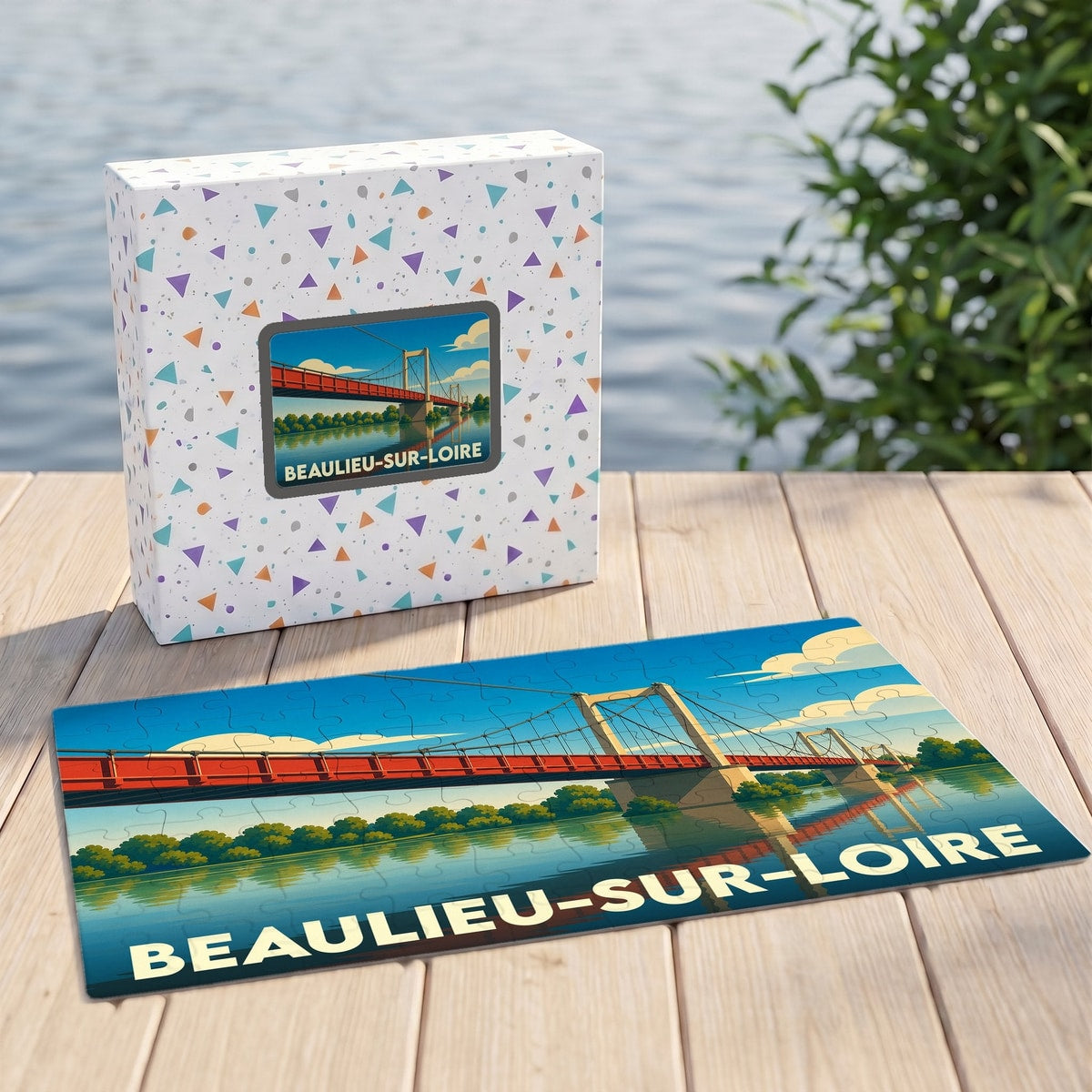 Puzzle souvenir de Beaulieu-sur-Loire représentant son pont suspendu avec une illustration stylisée.