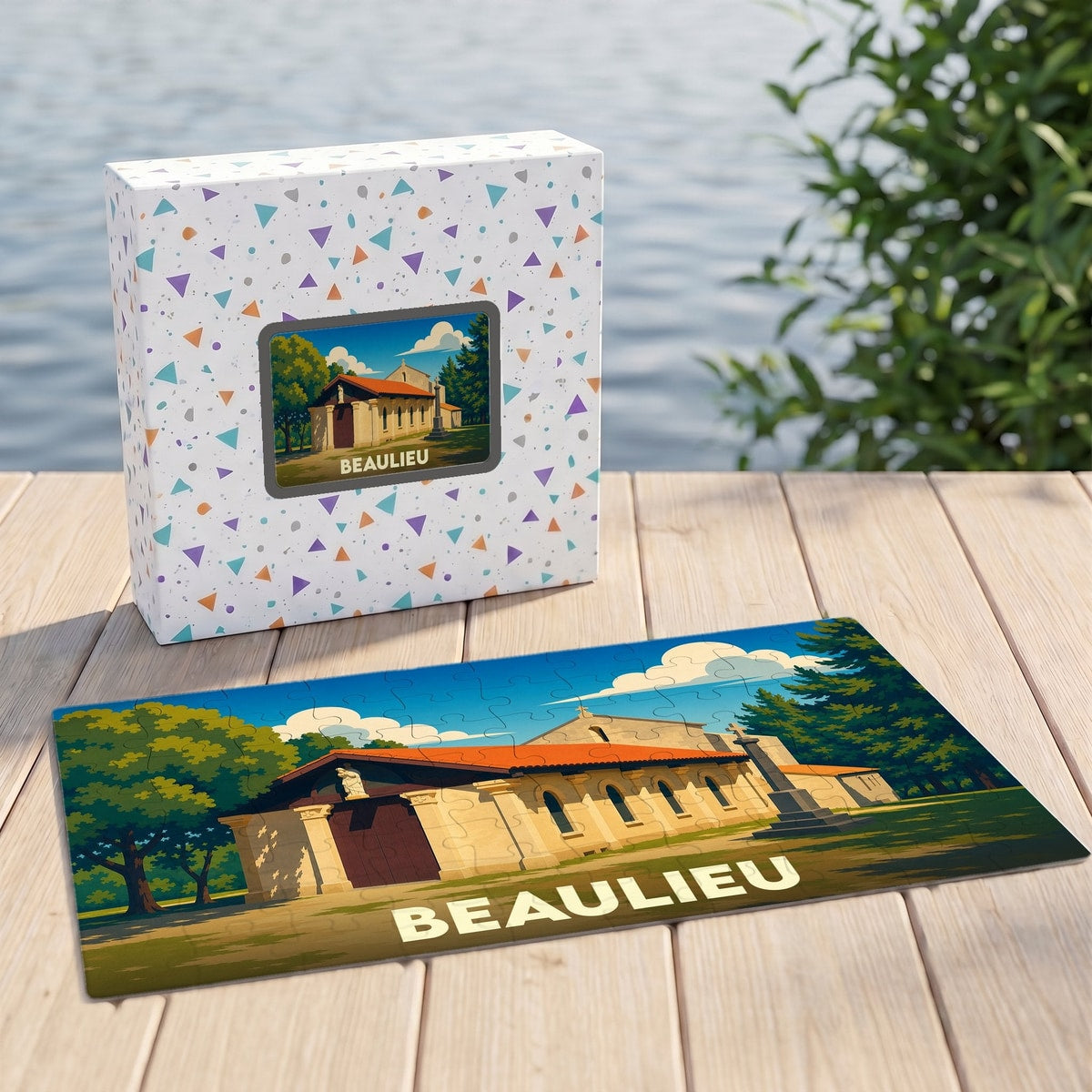 Puzzle souvenir de la ville de Beaulieu avec une illustration stylisée d'un bâtiment historique.