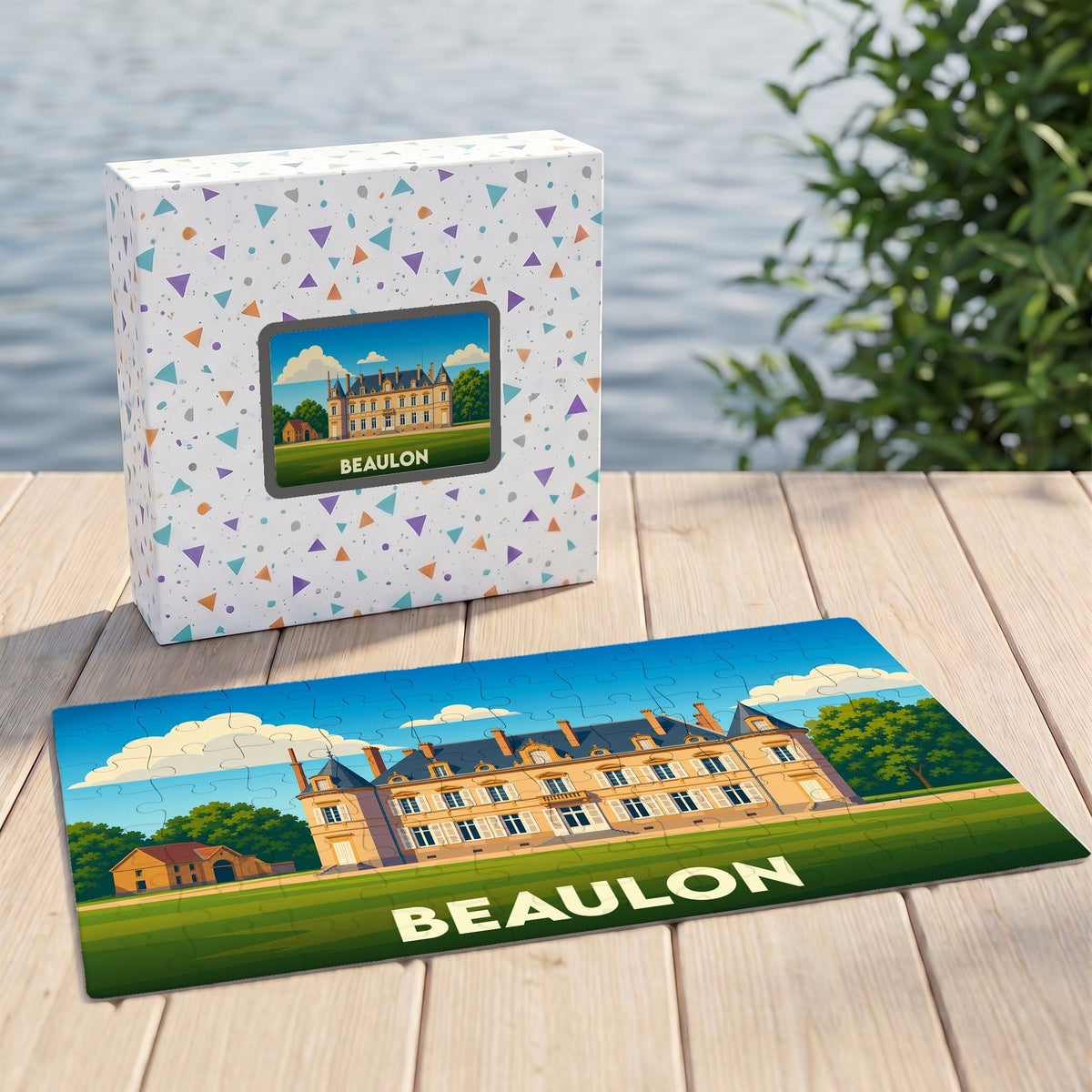 Puzzle souvenir de la ville de Beaulon avec une illustration stylisée d'un château.