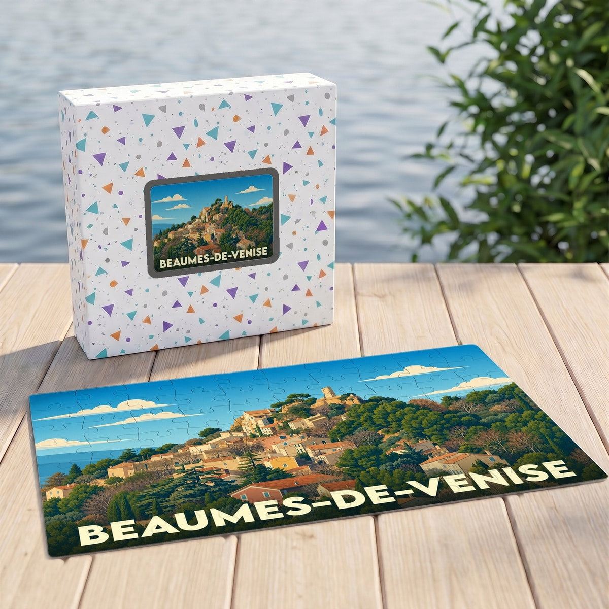 Puzzle souvenir de la ville de Beaumes-de-Venise avec une illustration stylisée de son village perché.