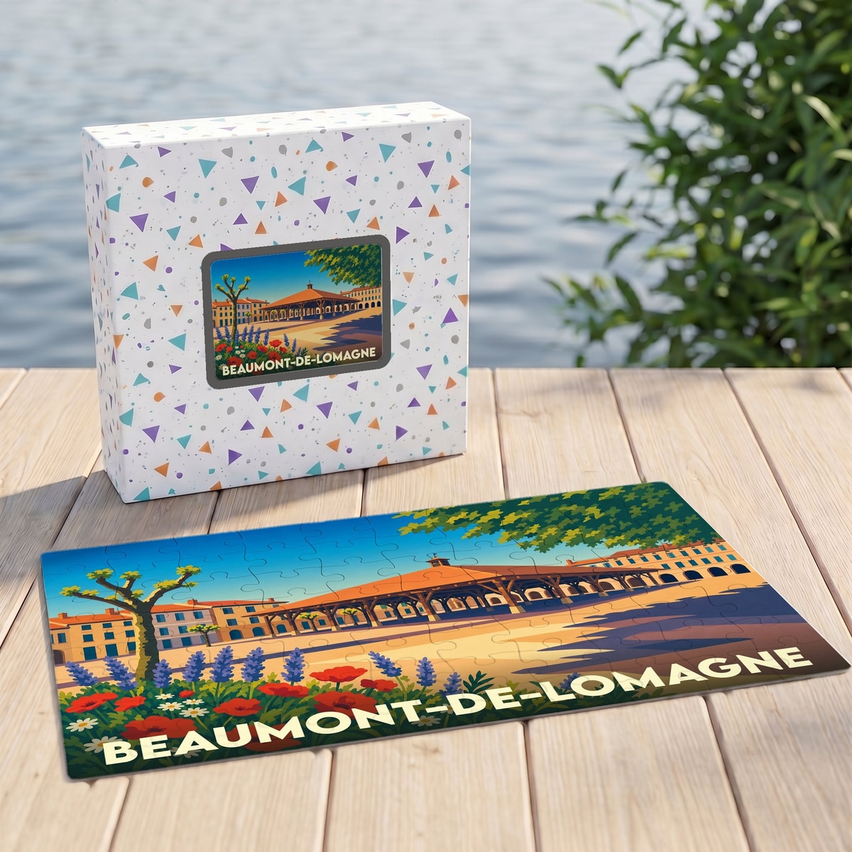 Puzzle souvenir de la ville de Beaumont-de-Lomagne avec une illustration stylisée de sa halle médiévale.