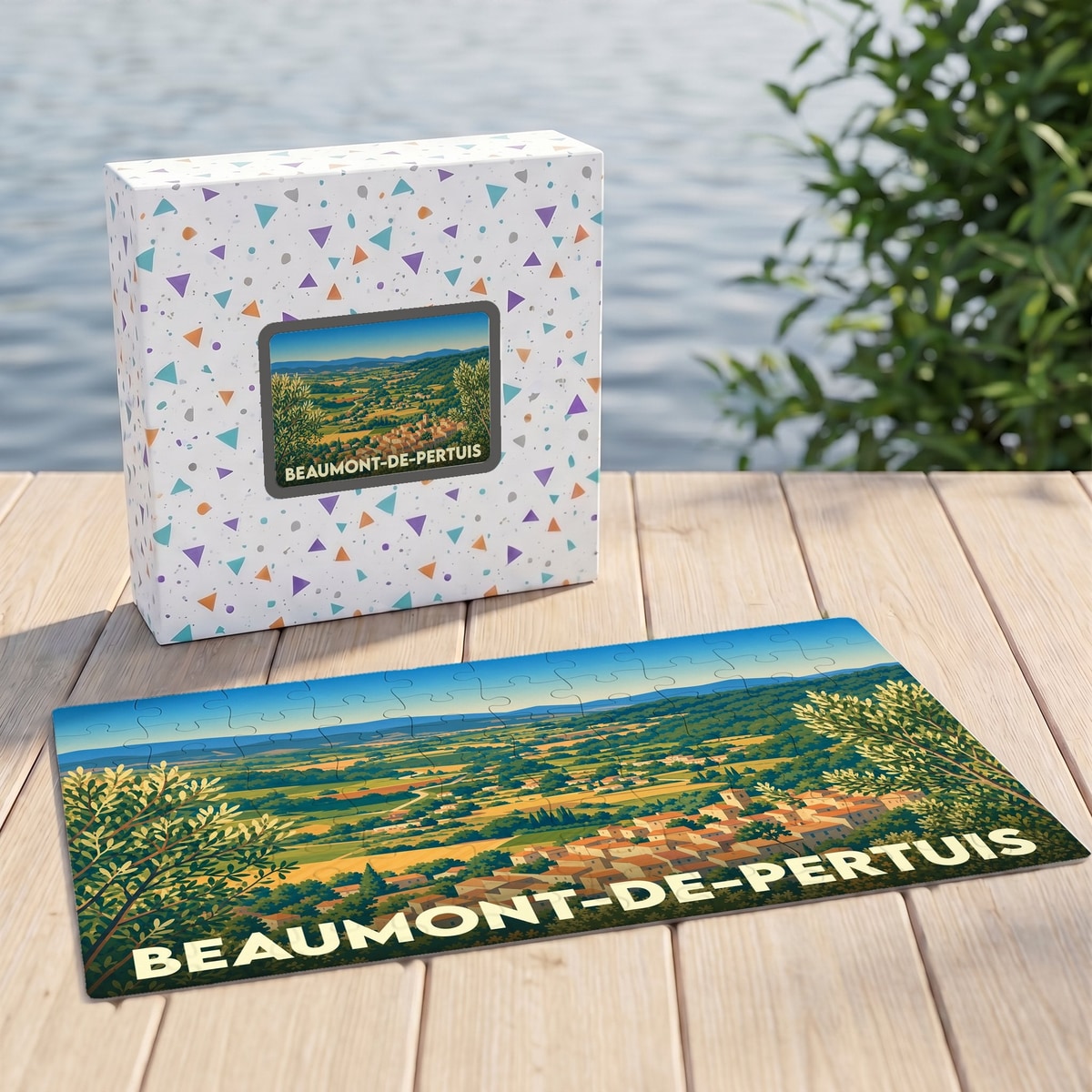 Puzzle souvenir de la ville de Beaumont-de-Pertuis avec une illustration paysagère stylisée.
