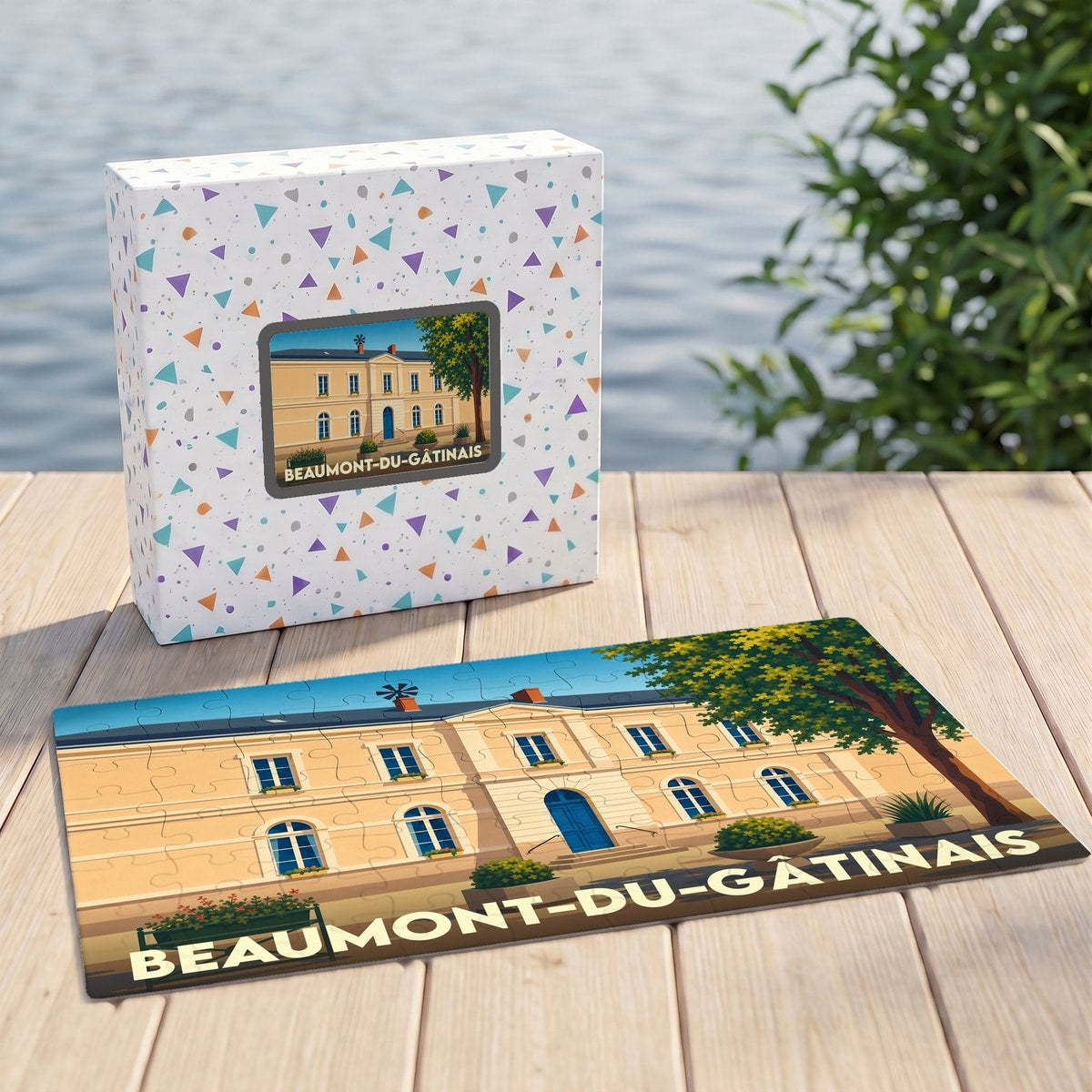 Puzzle souvenir de la ville de Beaumont-du-Gâtinais avec une illustration stylisée de sa mairie.