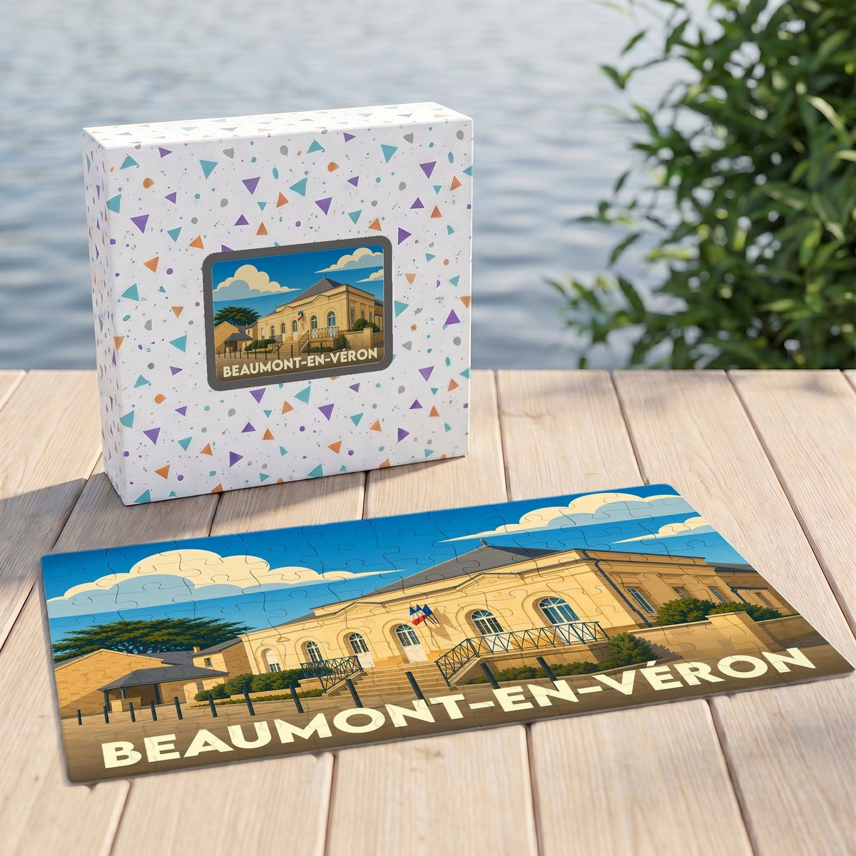 Puzzle souvenir de la ville de Beaumont-en-Véron avec une illustration stylisée de sa mairie.