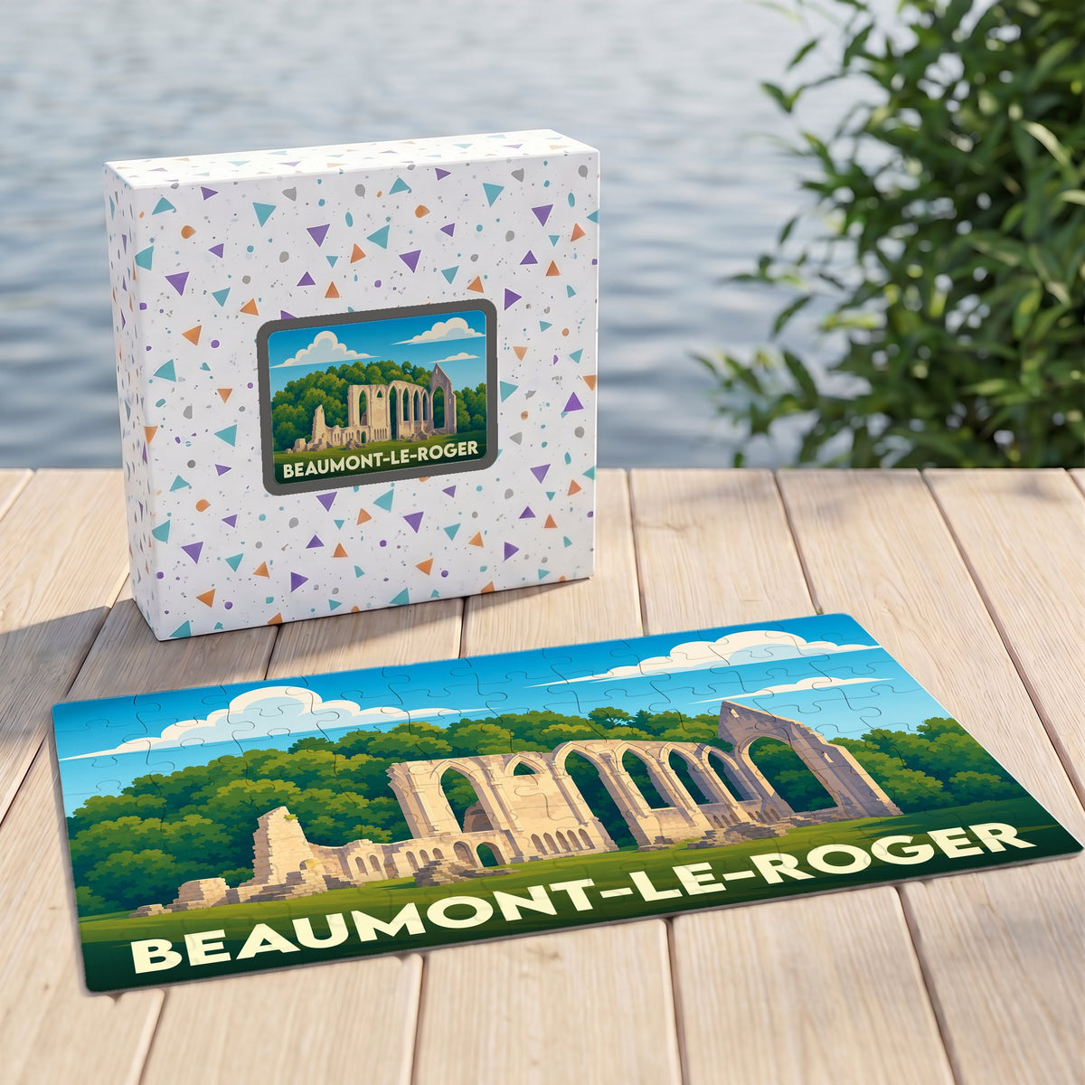 Puzzle souvenir de la ville de Beaumont-le-Roger avec une illustration stylisée de ses abbayes.