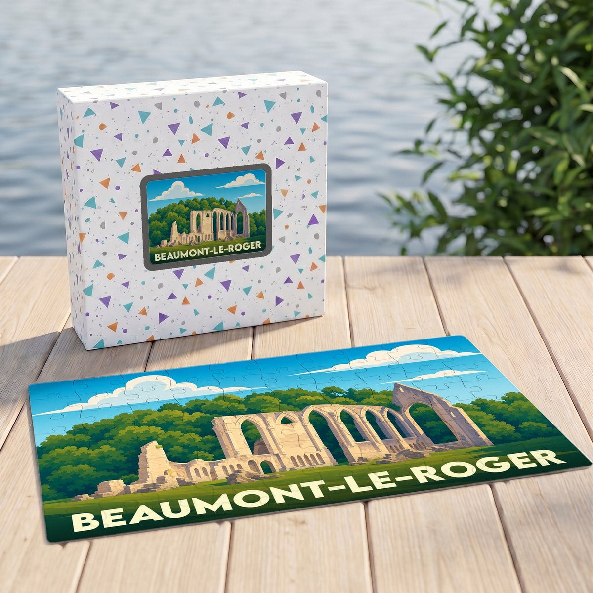 Puzzle souvenir de la ville de Beaumont-le-Roger avec une illustration stylisée de ses abbayes.