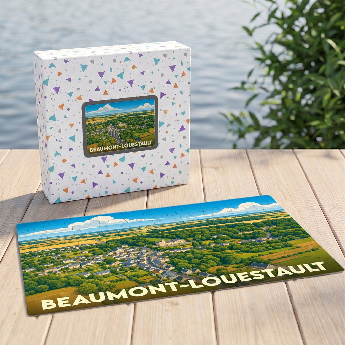 Puzzle souvenir de la ville de Beaumont-Louestault avec une illustration paysagère stylisée.