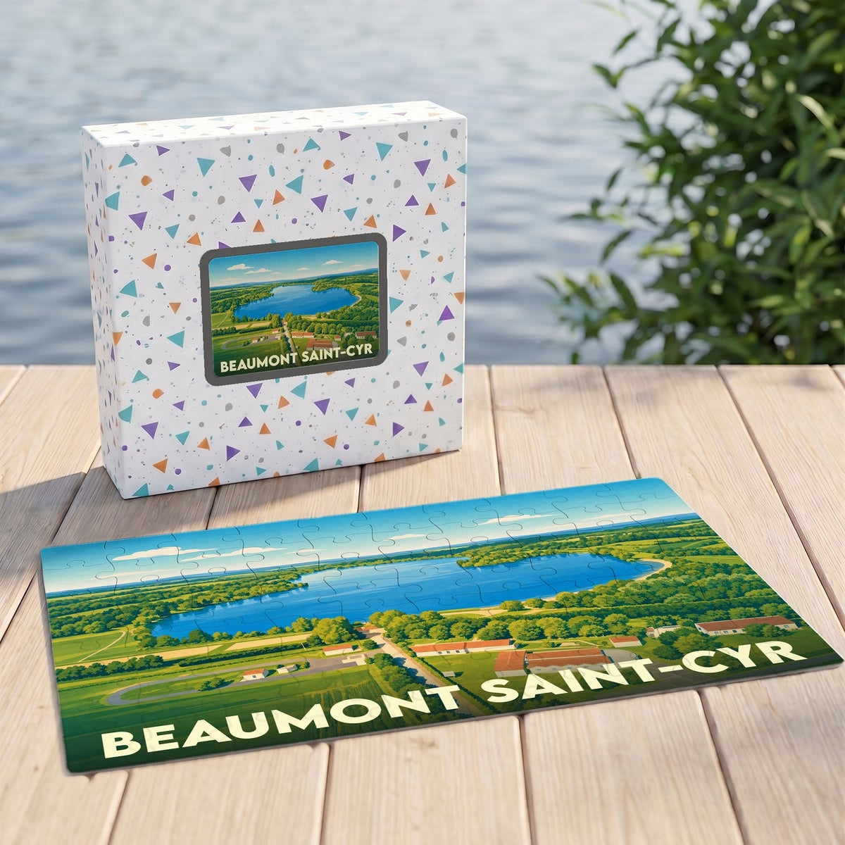 Puzzle souvenir de la ville de Beaumont Saint-Cyr avec une illustration stylisée d'un lac.