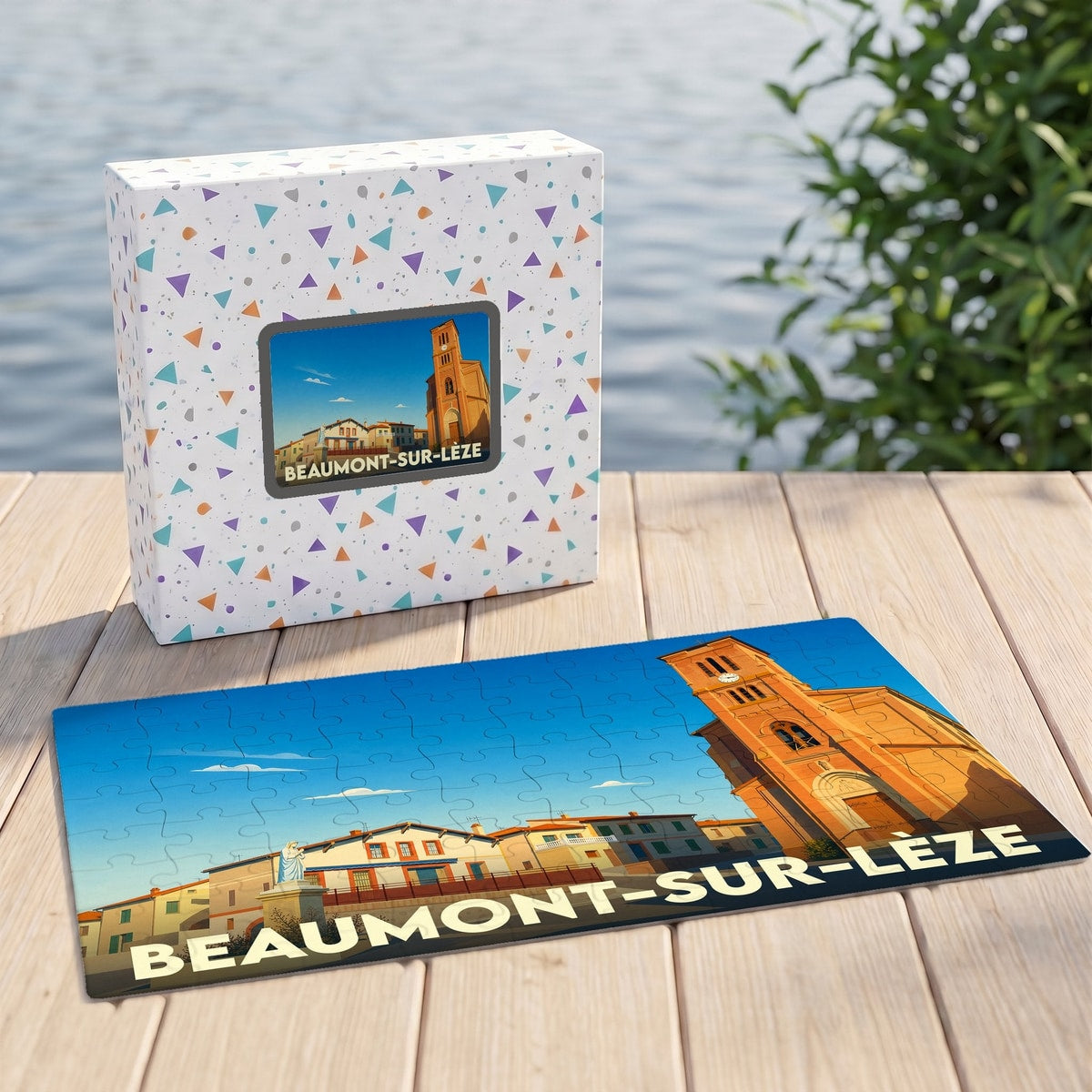 Puzzle souvenir de la ville de Beaumont-sur-Lèze avec une illustration stylisée et colorée.