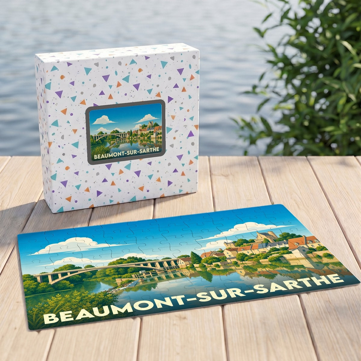 Puzzle souvenir de la ville de Beaumont-sur-Sarthe avec une illustration stylisée et sa boîte assortie.