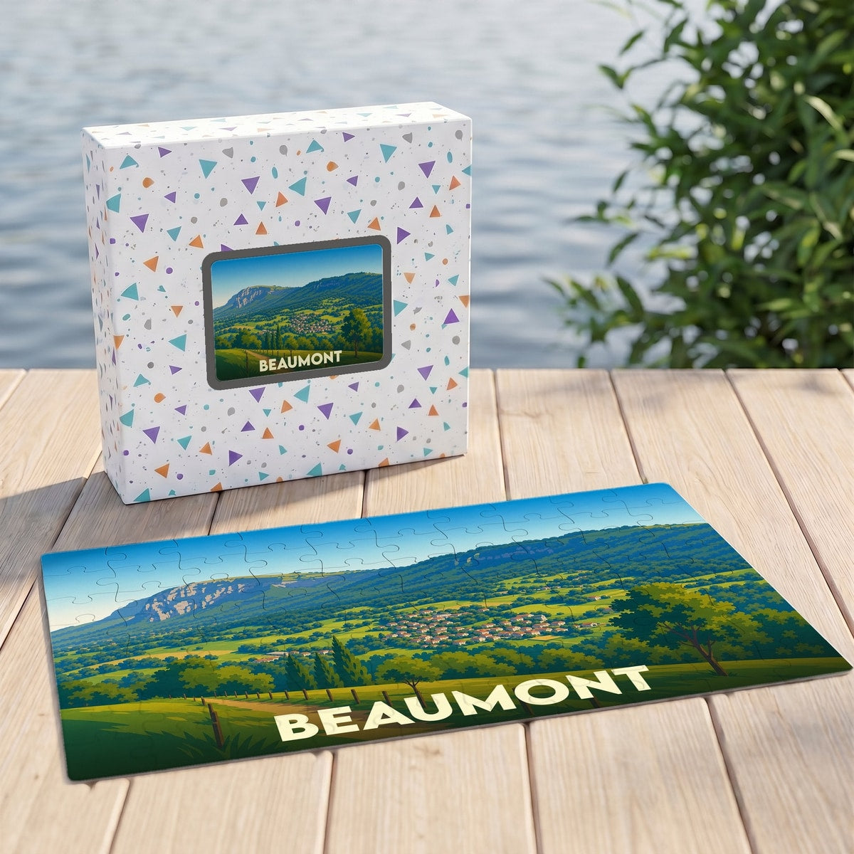 Puzzle souvenir de la ville de Beaumont avec une illustration panoramique stylisée de ses paysages.