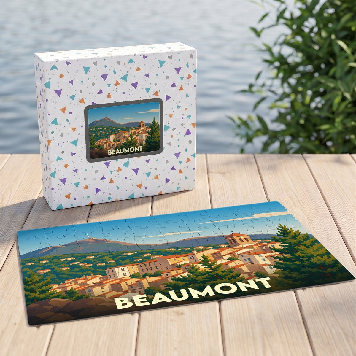 Puzzle souvenir de la ville de Beaumont avec une illustration stylisée d'un paysage urbain provençal.