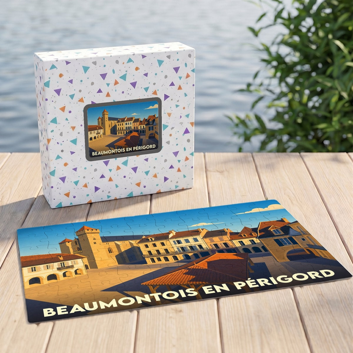 Puzzle souvenir de la ville de Beaumontois en Périgord avec une illustration stylisée et colorée.