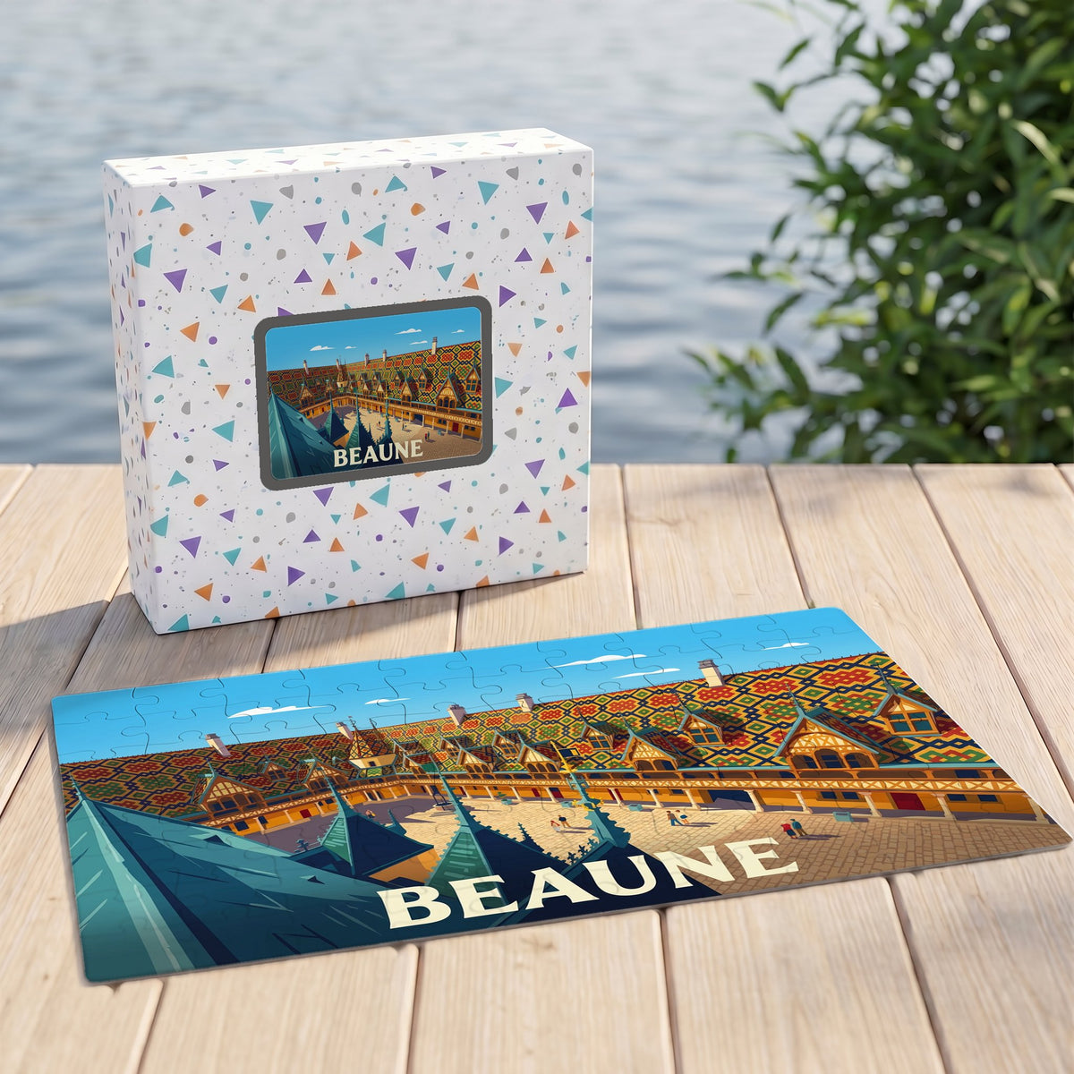 Puzzle souvenir de la ville de Beaune avec une illustration stylisée des Hospices.