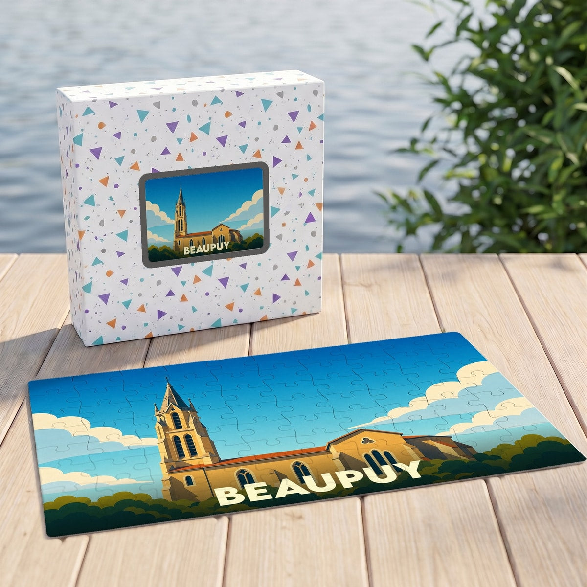 Puzzle souvenir de la ville de Beaupuy avec une illustration stylisée d'une église.