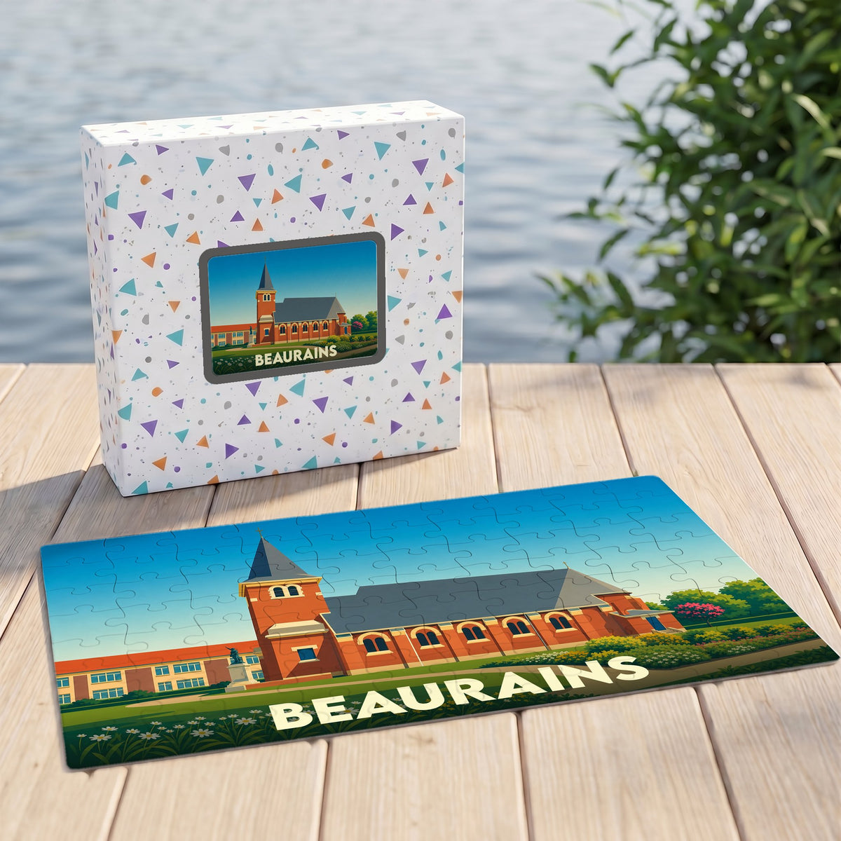 Puzzle souvenir de la ville de Beaurains avec une illustration stylisée d'un bâtiment historique.