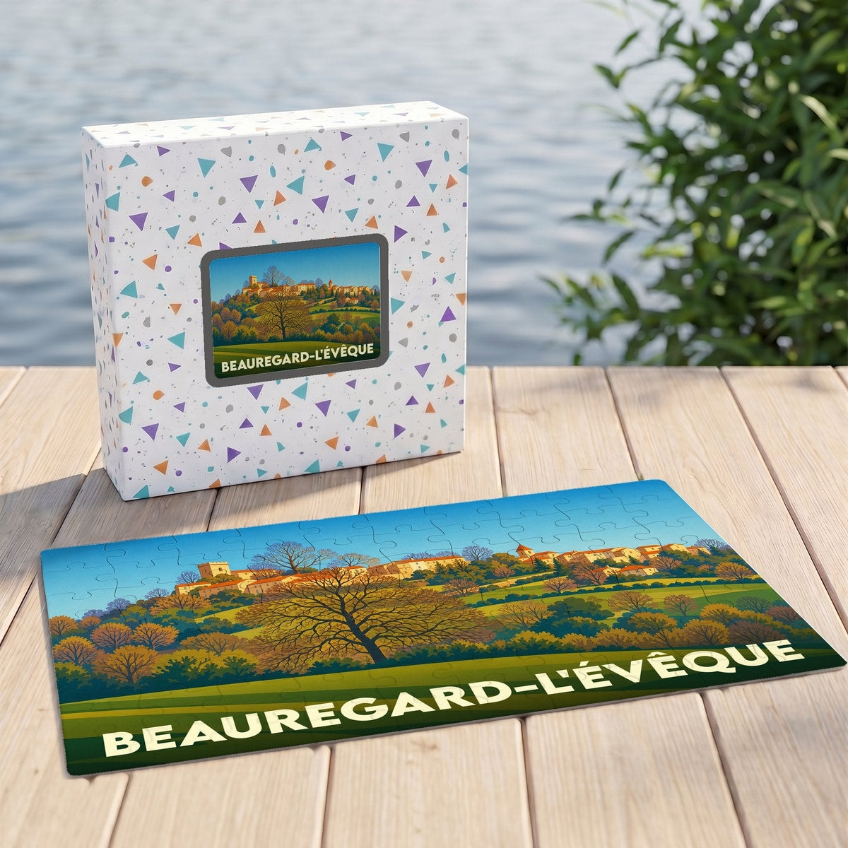 Puzzle souvenir de la ville de Beauregard-l'Évêque avec une illustration panoramique stylisée et sa boîte assortie.