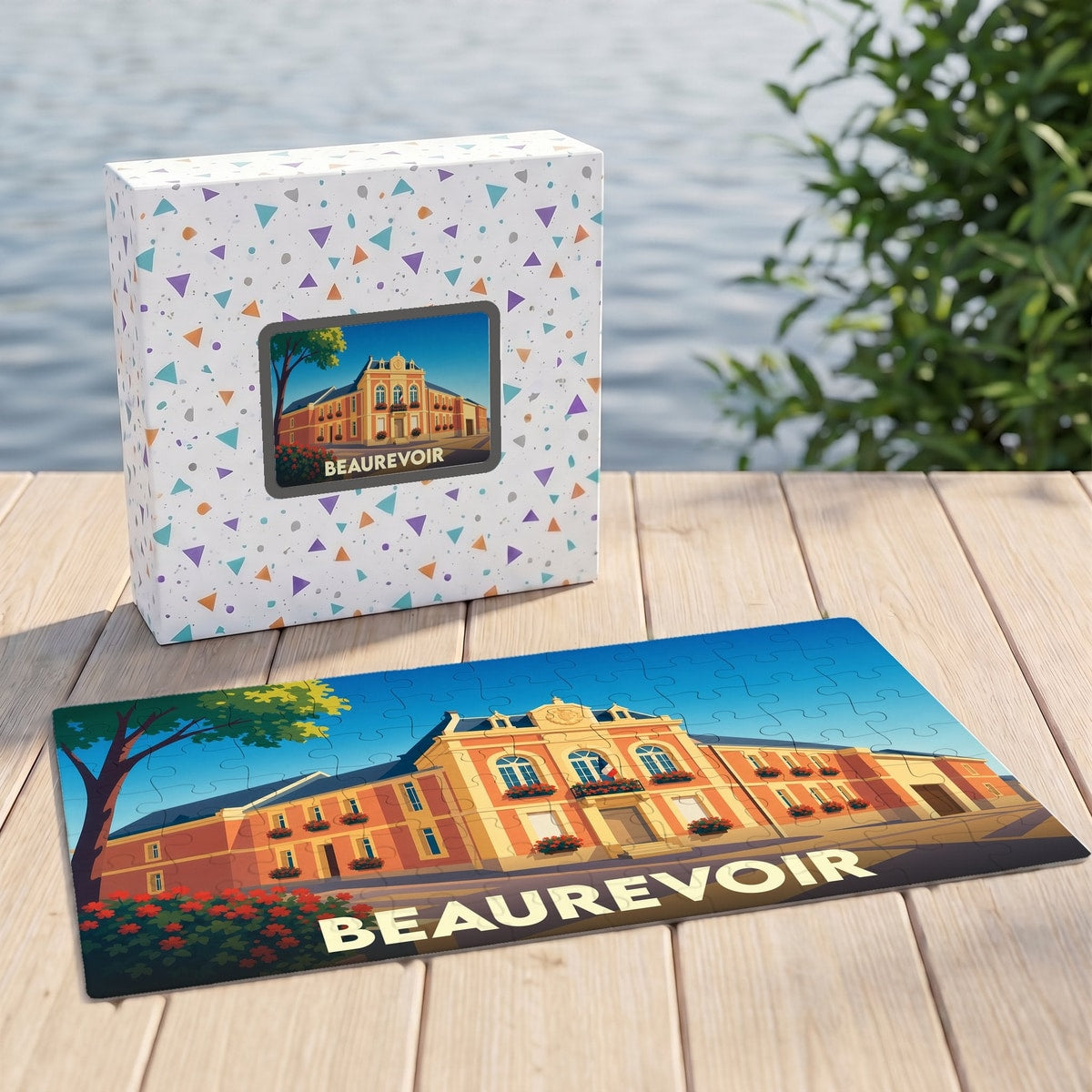 Puzzle souvenir de la ville de Beaurevoir avec une illustration stylisée.