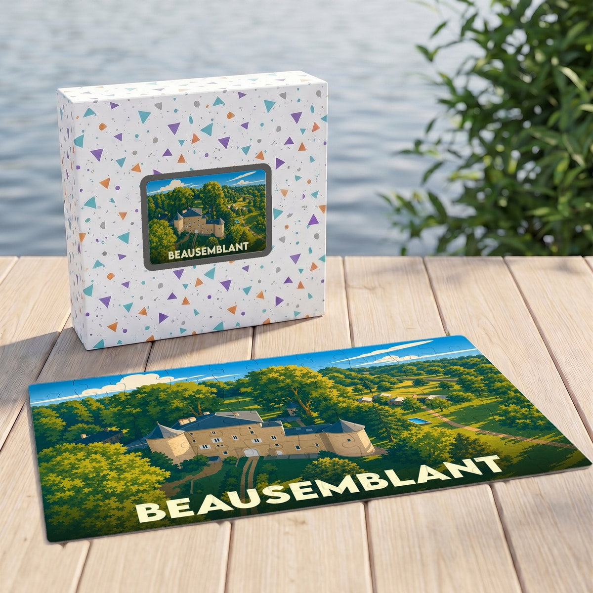 Puzzle souvenir de la ville de Beausemblant illustrant un château dans un paysage verdoyant.