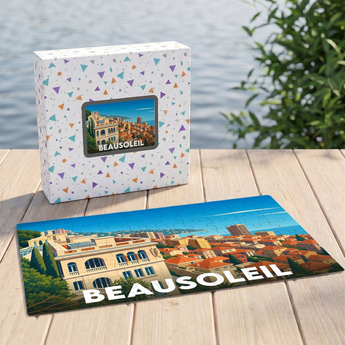 Puzzle souvenir de la ville de Beausoleil avec une illustration stylisée et colorée.