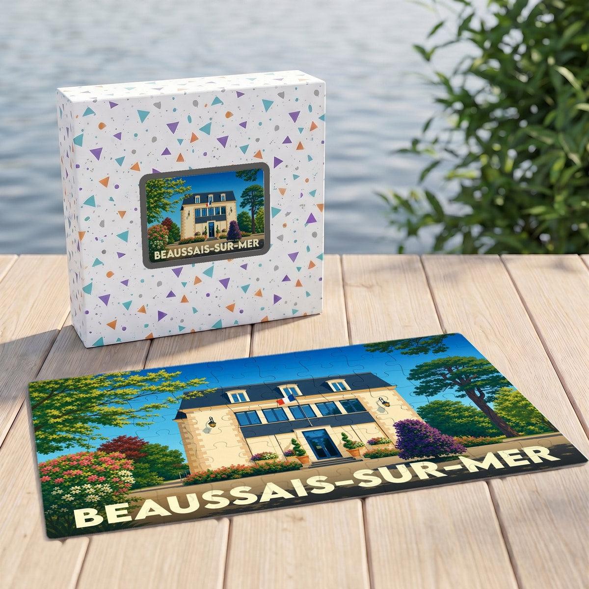 Puzzle souvenir de la ville de Beaussais-sur-Mer avec une illustration stylisée de son hôtel de ville.