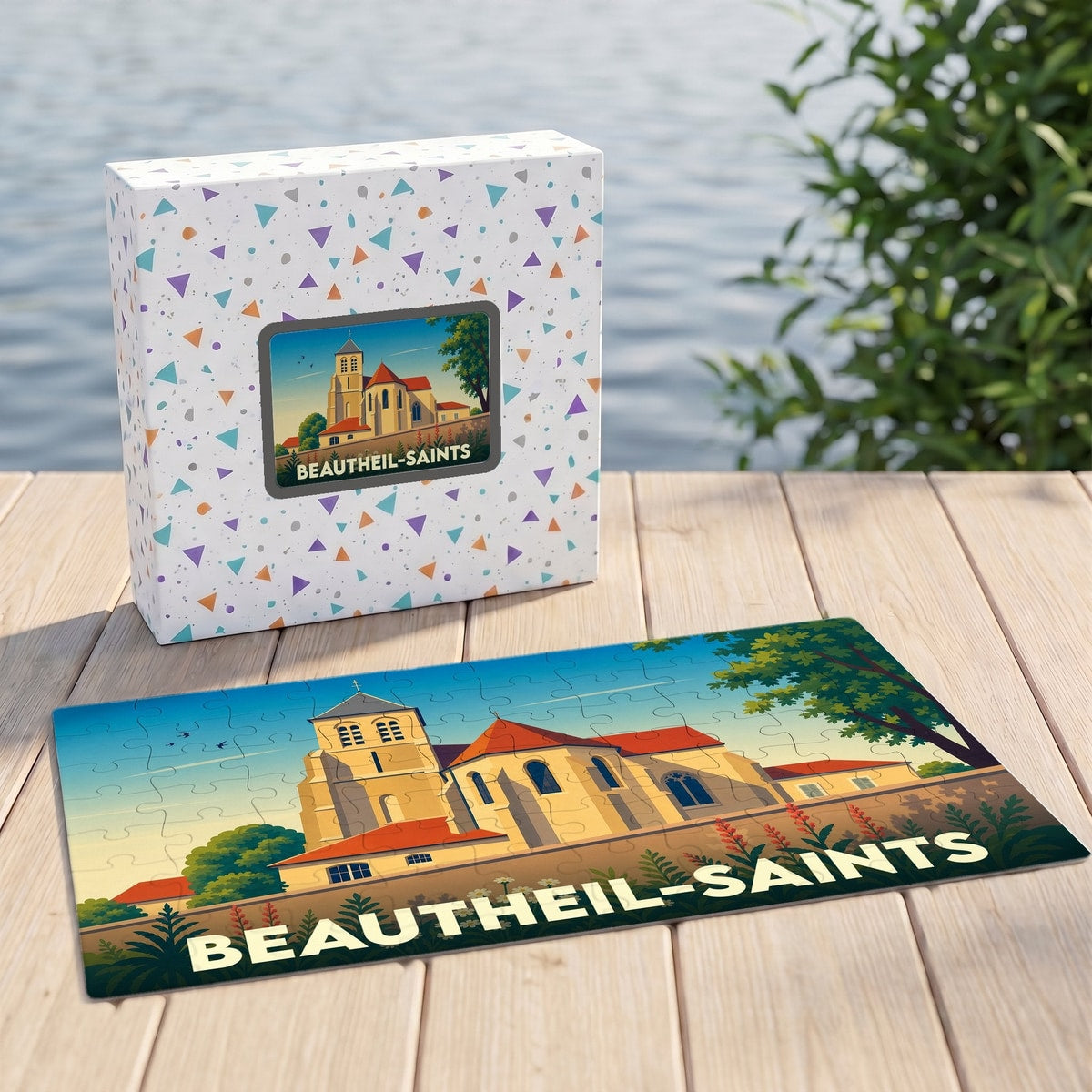 Puzzle souvenir de la ville de Beautheil-Saints avec une illustration stylisée de son église.