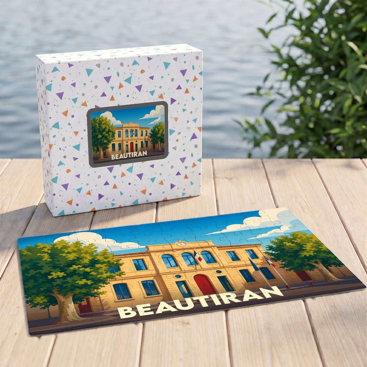 Puzzle souvenir de la ville de Beautiran présentant une illustration colorée de sa mairie.