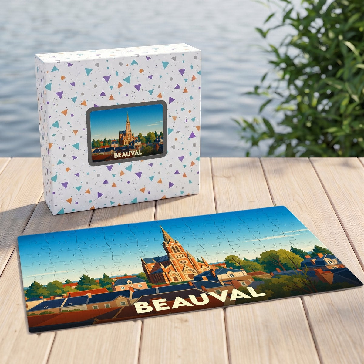 Puzzle souvenir de la ville de Beauval avec une illustration stylisée d'un monument historique.