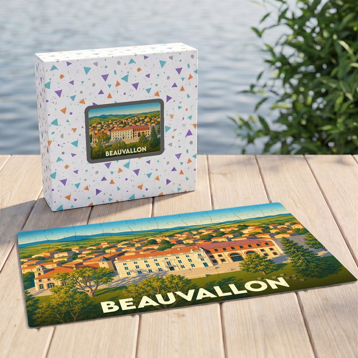 Puzzle souvenir de la ville de Beauvallon avec une illustration panoramique stylisée.