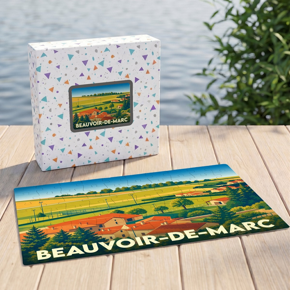 Puzzle souvenir de la ville de Beauvoir-de-Marc présentant une illustration paysagère stylisée.