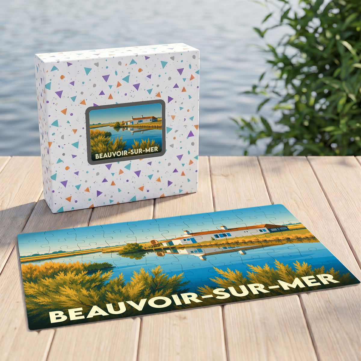 Puzzle souvenir de la ville de Beauvoir-sur-Mer avec une illustration stylisée de ses paysages côtiers.