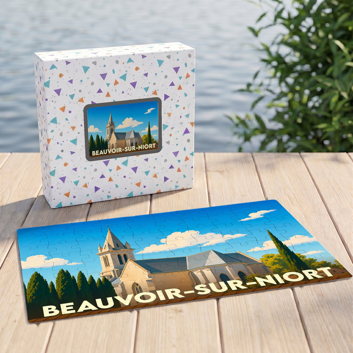 Puzzle souvenir de la ville de Beauvoir-sur-Niort représentant son église dans un style illustré.