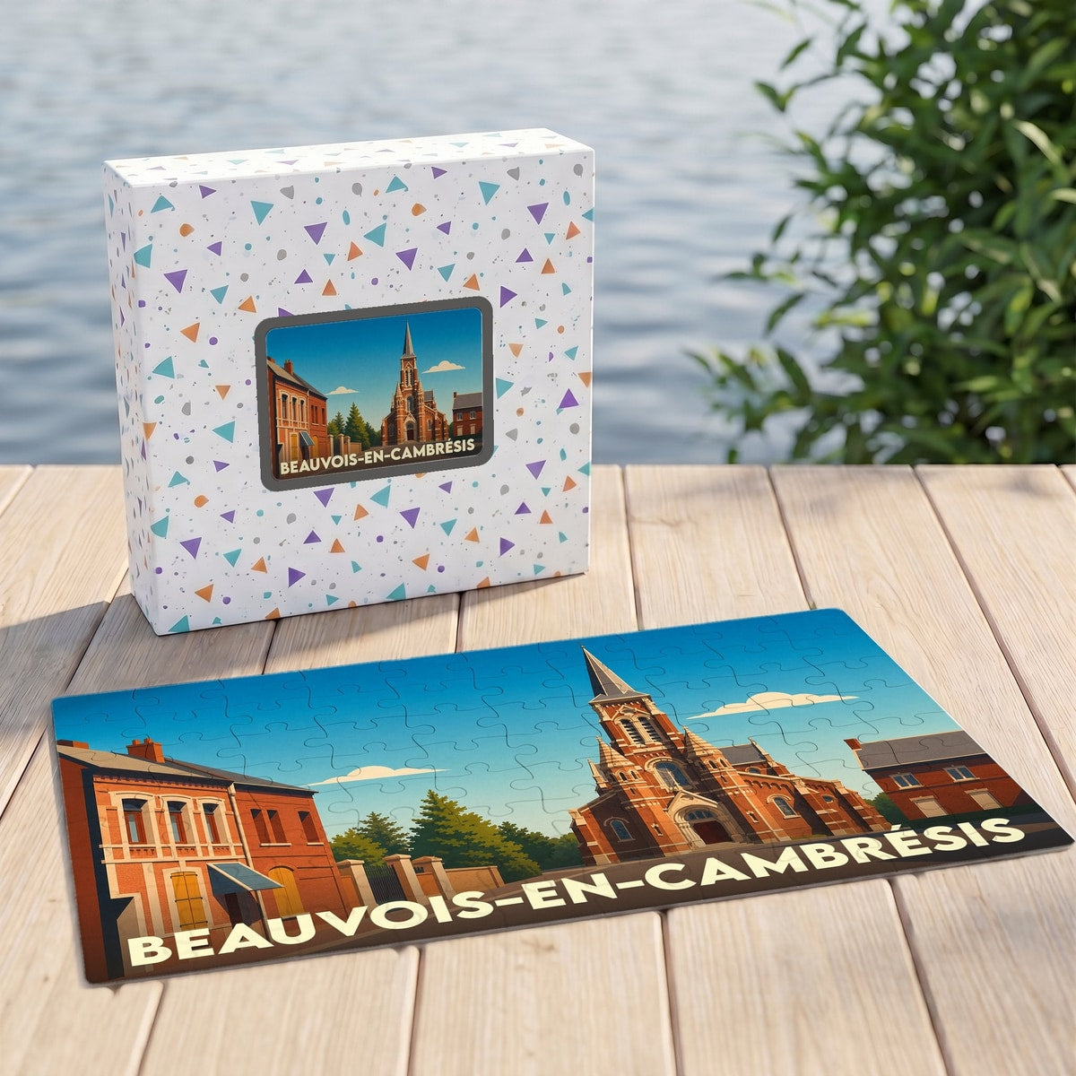 Puzzle souvenir de la ville de Beauvois-en-Cambrésis avec une illustration stylisée de son église.