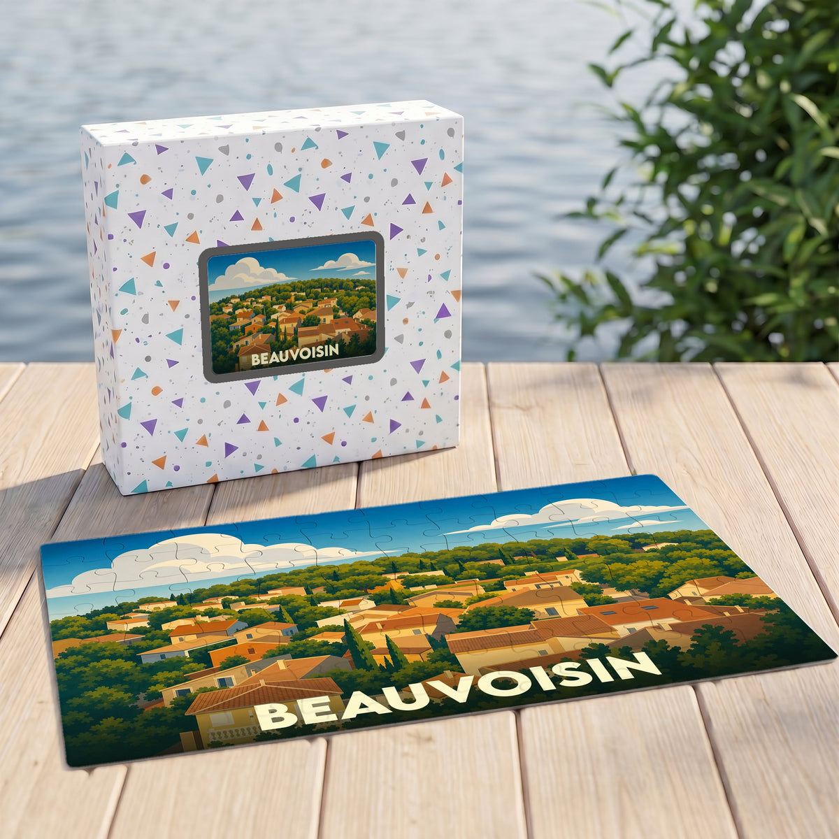 Puzzle souvenir de la ville de Beauvoisin avec une illustration stylisée.