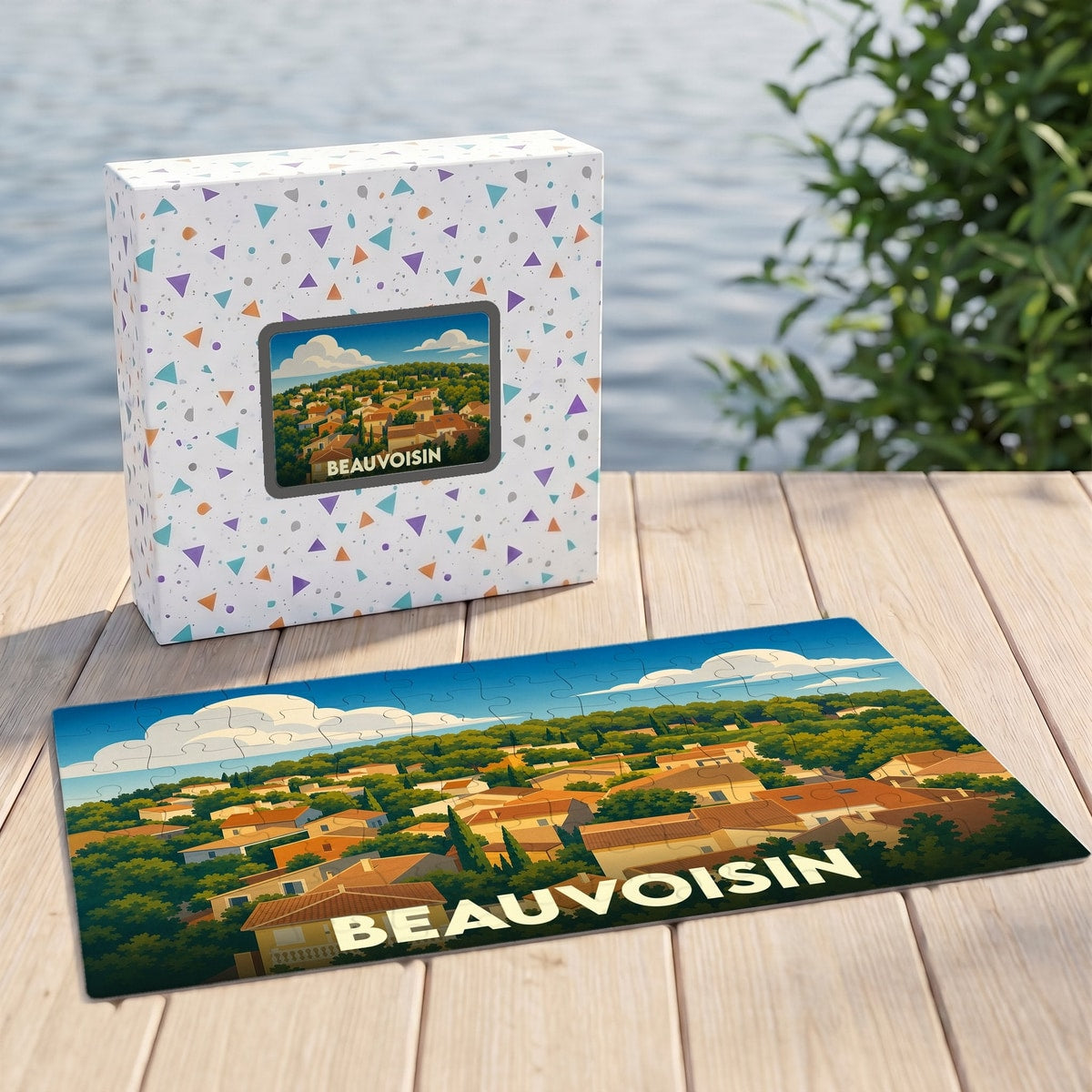 Puzzle souvenir de la ville de Beauvoisin avec une illustration stylisée.
