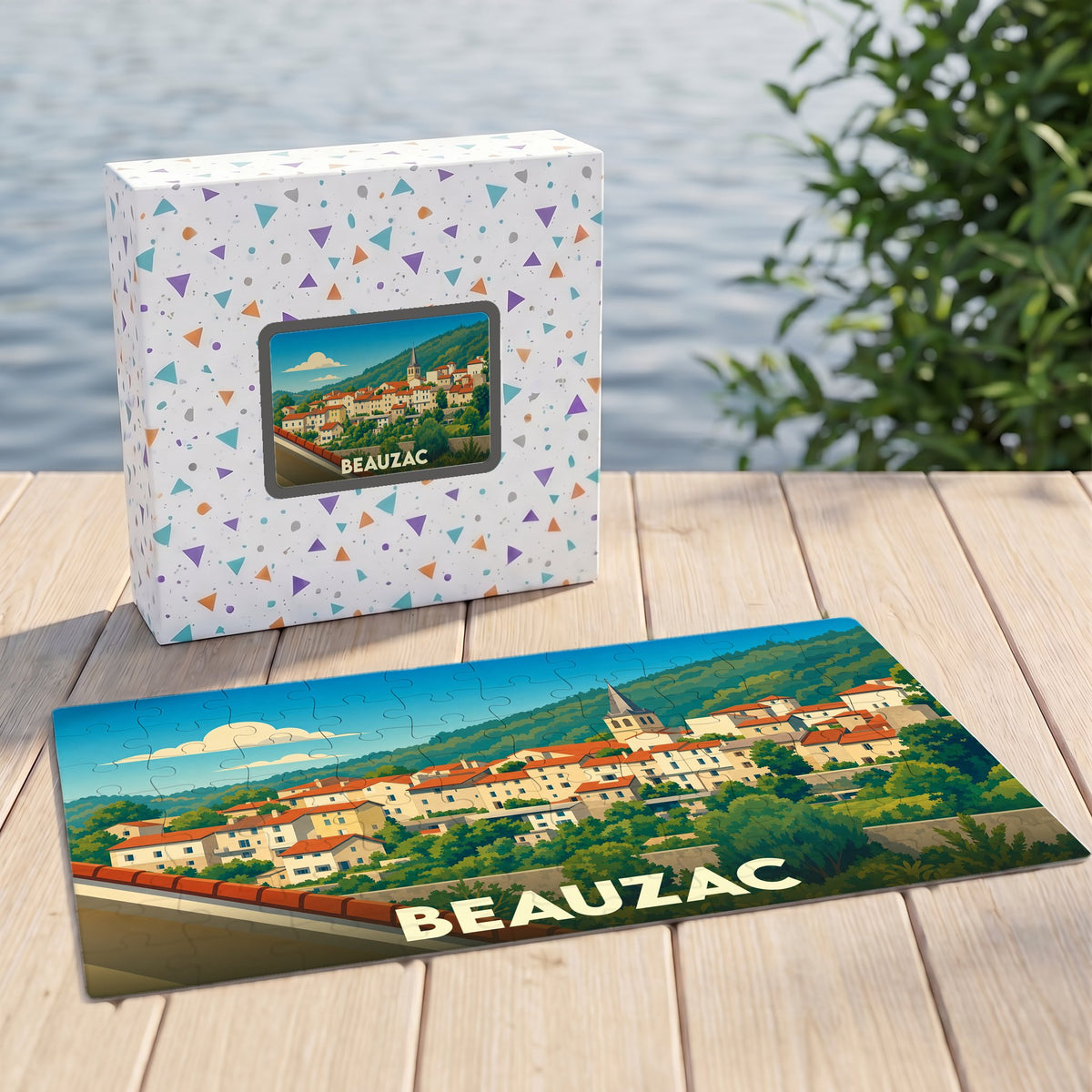 Puzzle souvenir de la ville de Beauzac avec une illustration stylisée d'un paysage urbain.