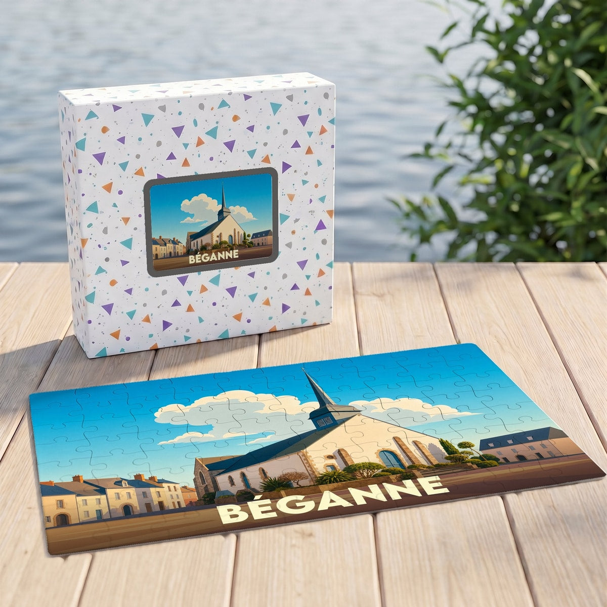 Puzzle souvenir de la ville de Béganne avec une illustration stylisée.
