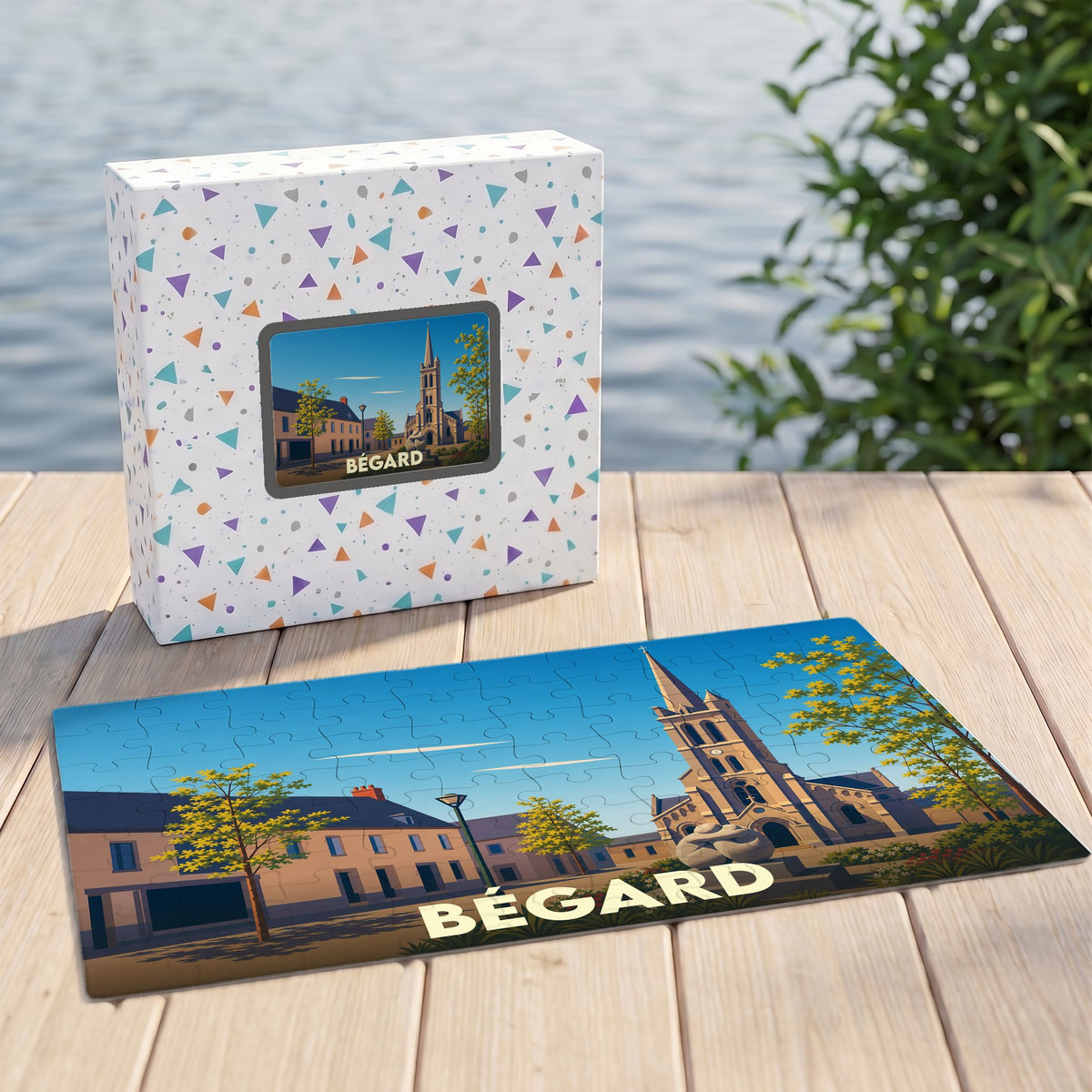 Puzzle souvenir de la ville de Bégard avec une illustration stylisée de son église et de ses bâtiments.