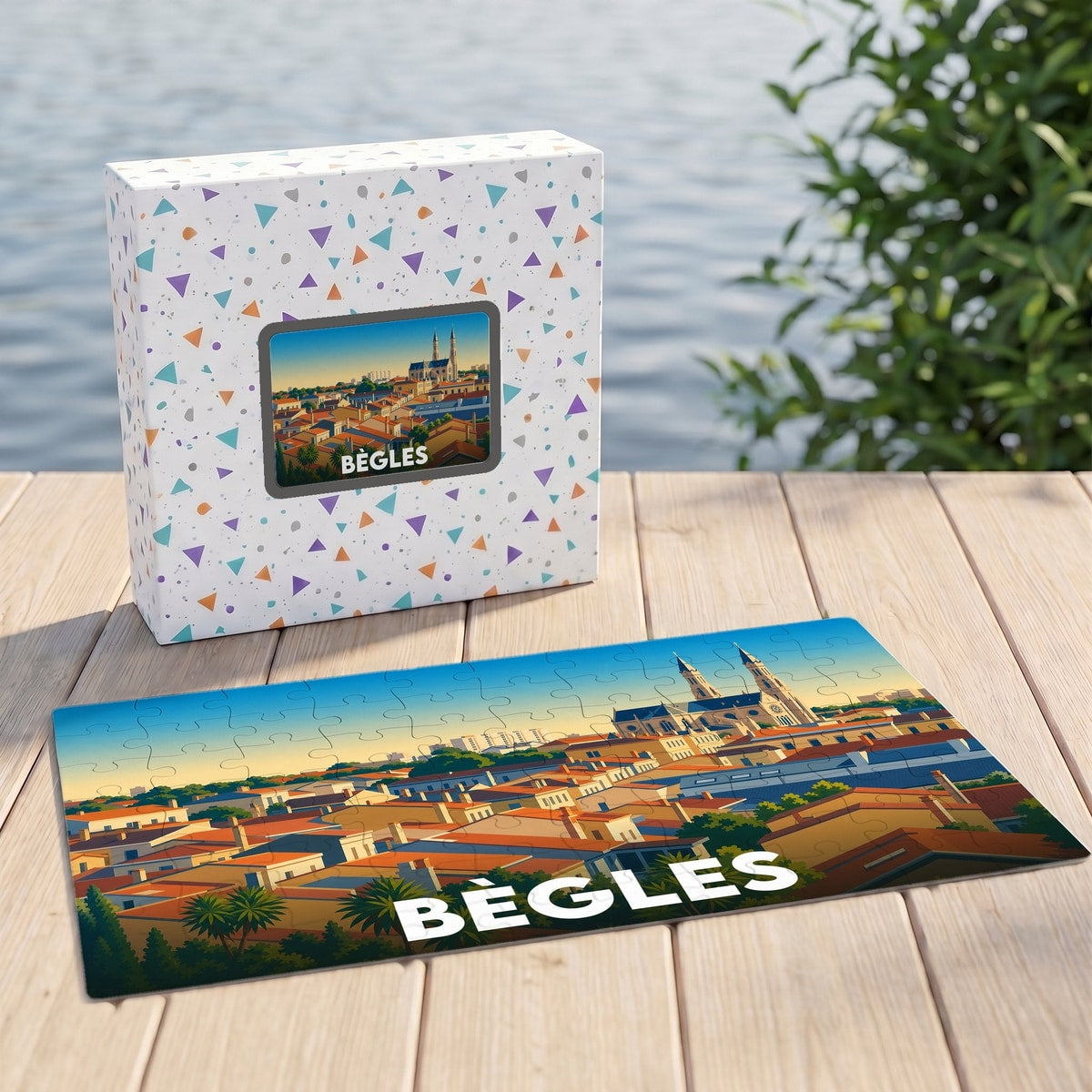 Puzzle souvenir de la ville de Bègles avec une illustration stylisée.