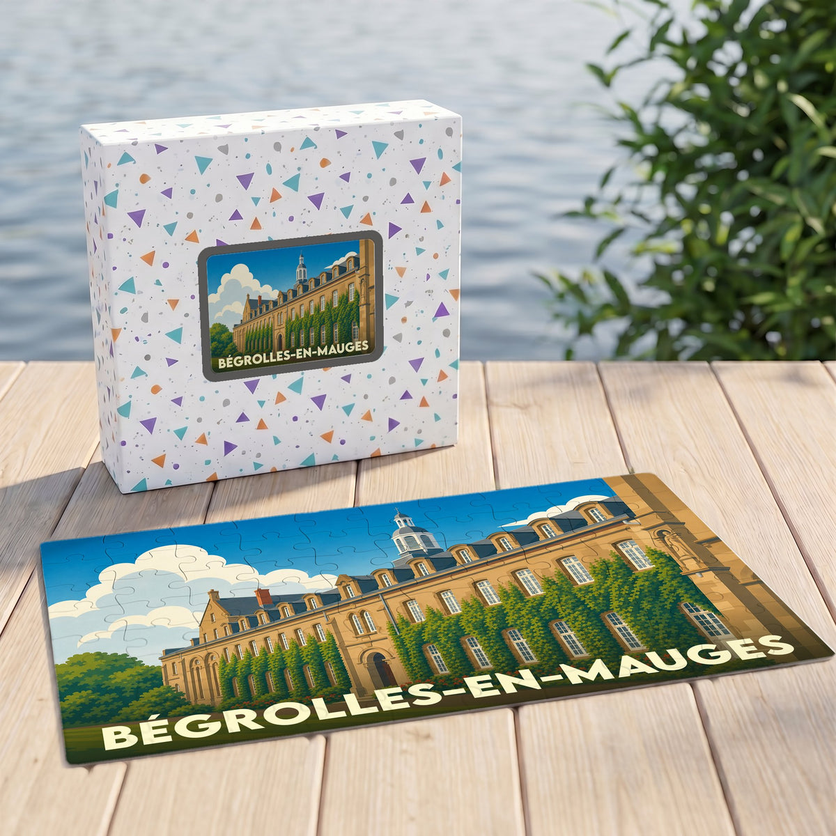 Puzzle souvenir de la ville de Bégrolles-en-Mauges illustrant un bâtiment historique dans un style graphique épuré.