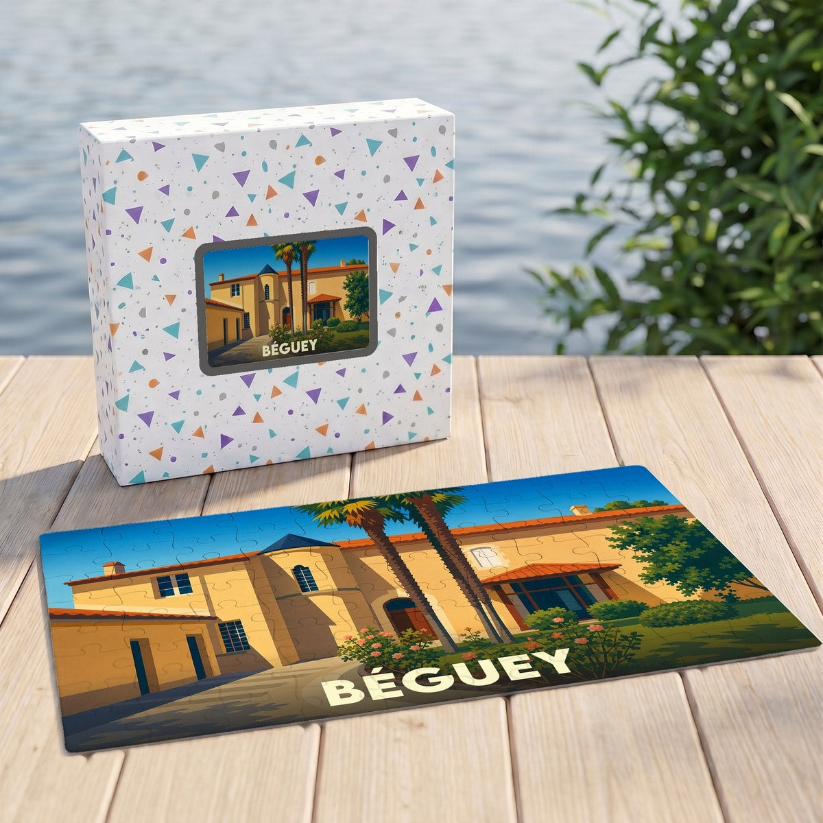 Puzzle souvenir de la ville de Béguey illustré d'une vue stylisée d'un bâtiment provençal.