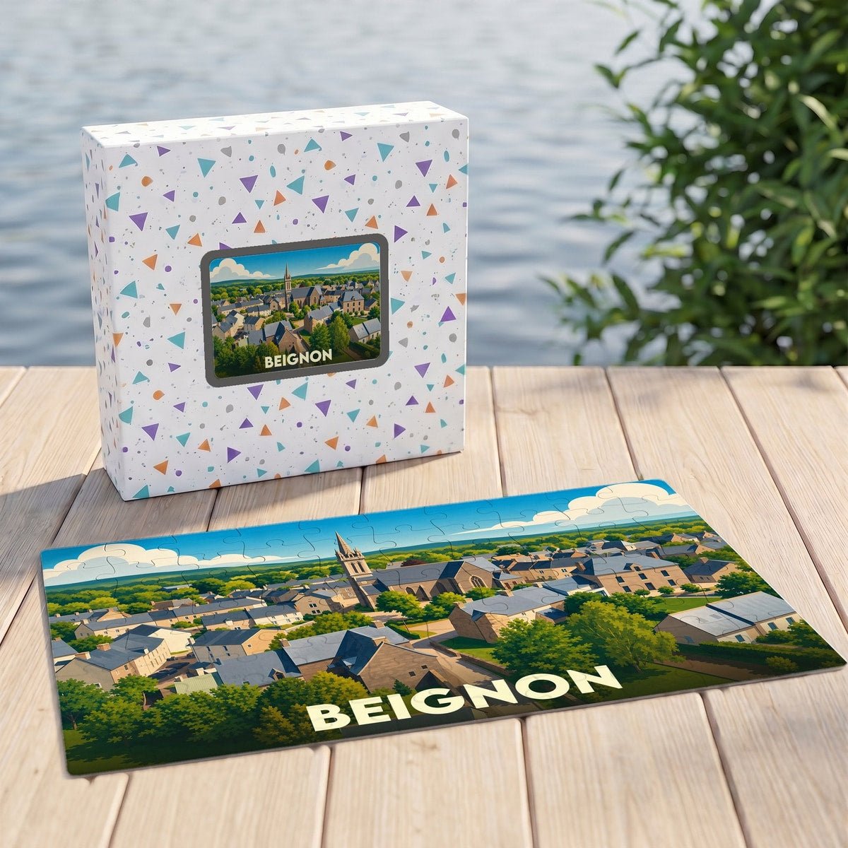 Puzzle souvenir de la ville de Beignon avec une illustration stylisée et colorée.