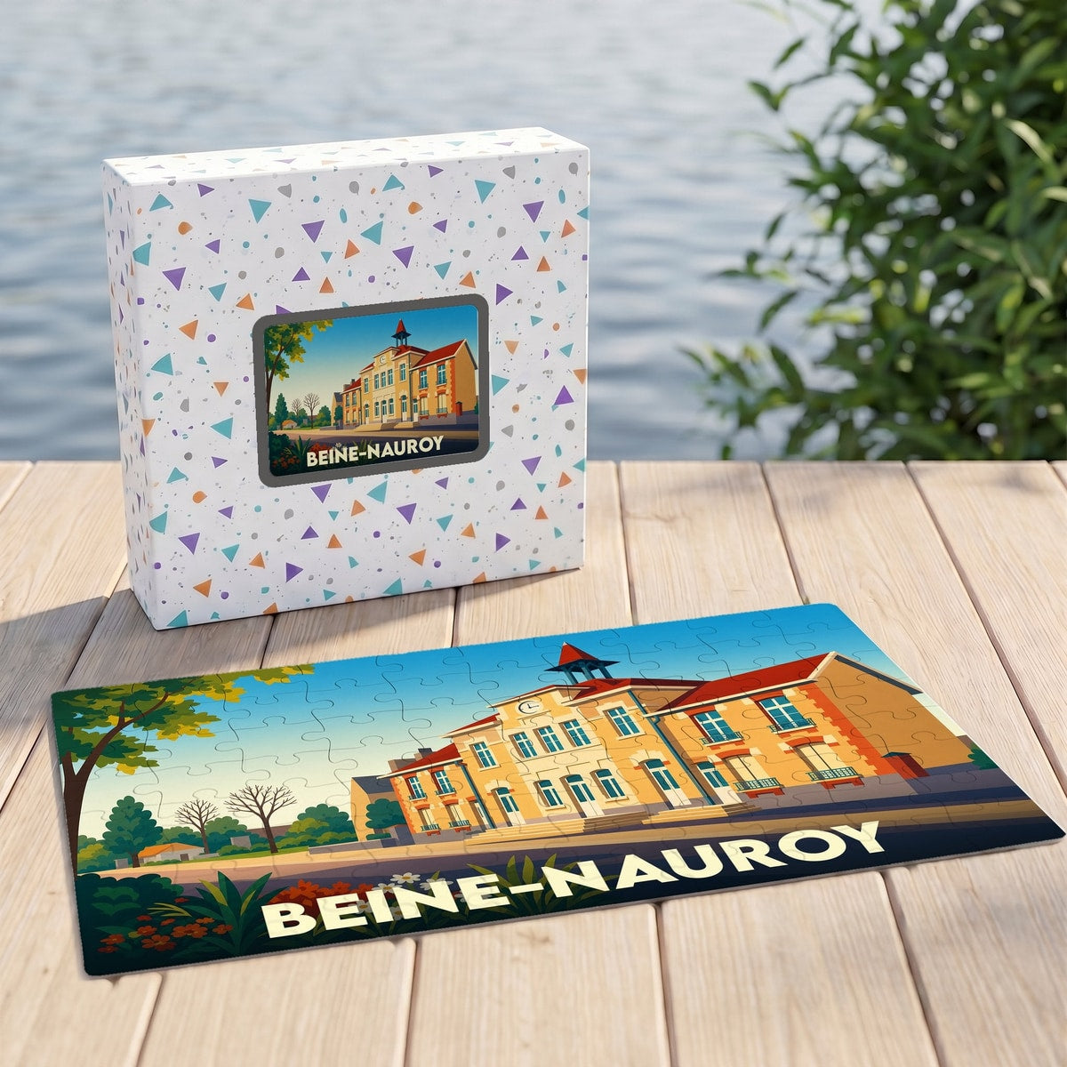 Puzzle souvenir de la ville de Beine-Nauroy avec une illustration stylisée du village.