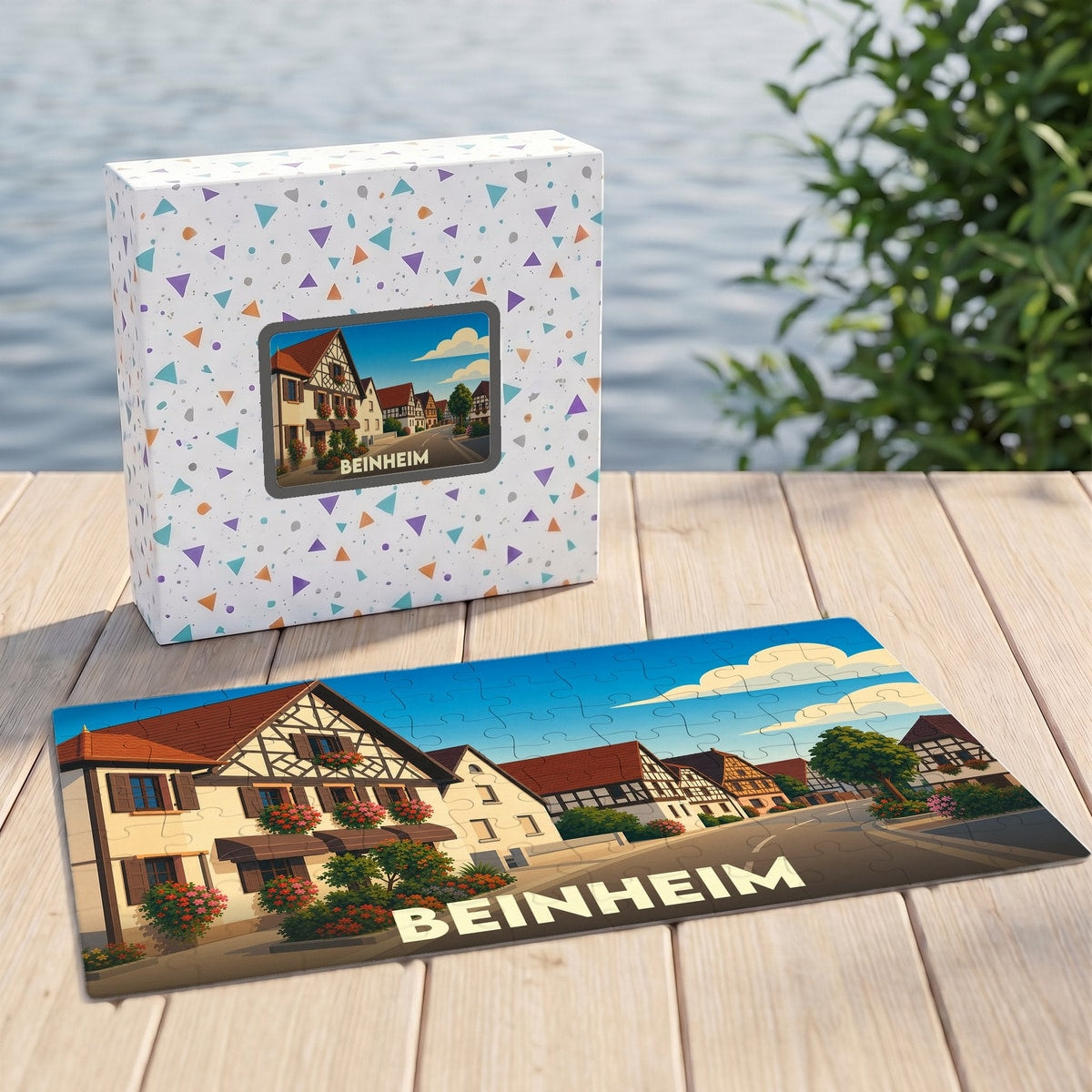 Puzzle souvenir de la ville de Beinheim avec une illustration stylisée de ses maisons à colombages.