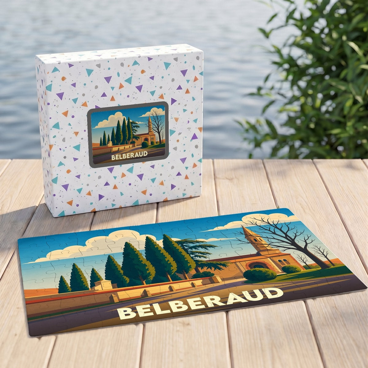 Puzzle souvenir de la ville de Belberaud avec une illustration stylisée et sa boîte assortie.