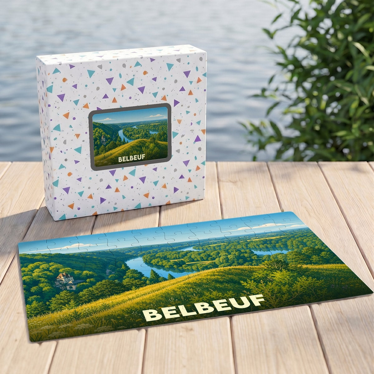 Puzzle souvenir de la ville de Belbeuf illustrant un paysage panoramique de la vallée de la Seine.