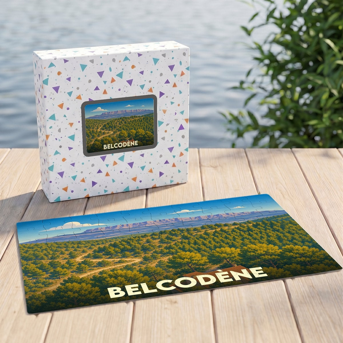 Puzzle souvenir de la ville de Belcodène avec son coffret assorti, illustrant un paysage vallonné sous un ciel bleu.