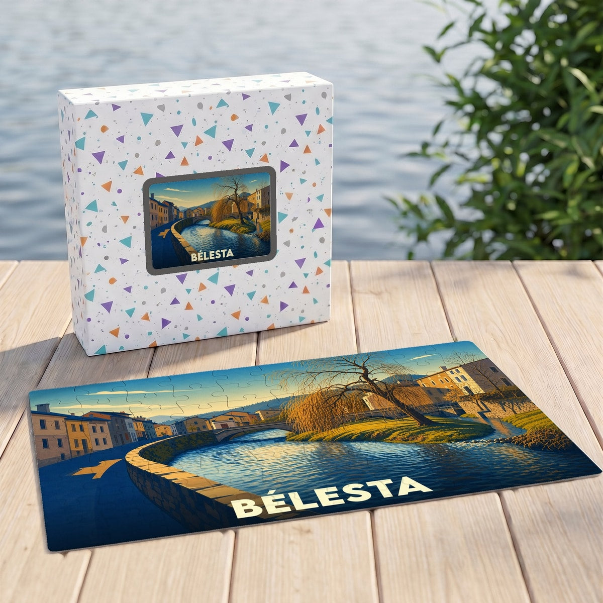Puzzle souvenir de la ville de Bélesta avec une illustration stylisée d'un paysage urbain au bord de l'eau.
