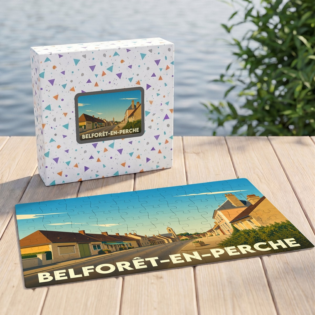 Puzzle souvenir de la ville de Belforêt-en-Perche avec une illustration stylisée.